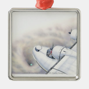 Illustration of a plane flying above wormhole metal ornament