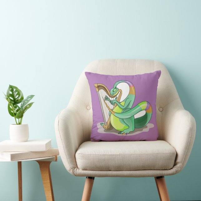 Illustration Of A Plateosaurus Playing The Harp. Throw Pillow (Chair)
