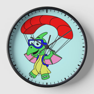 Illustration Of A Pterodactyl Parachuting. Clock