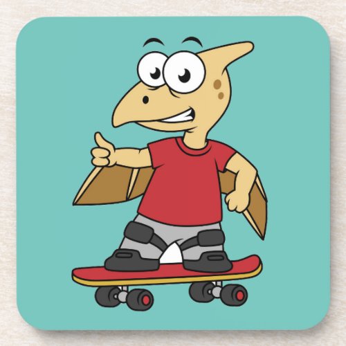 Illustration Of A Pterosaur Skateboarding Beverage Coaster