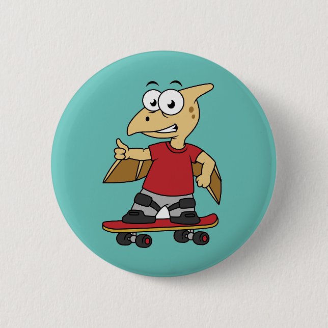 Illustration Of A Pterosaur Skateboarding. Button (Front)