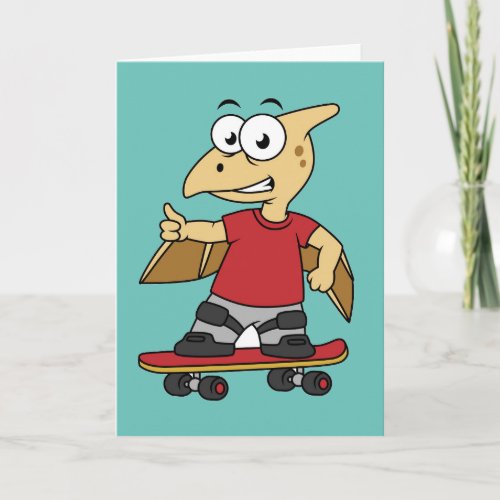 Illustration Of A Pterosaur Skateboarding Card