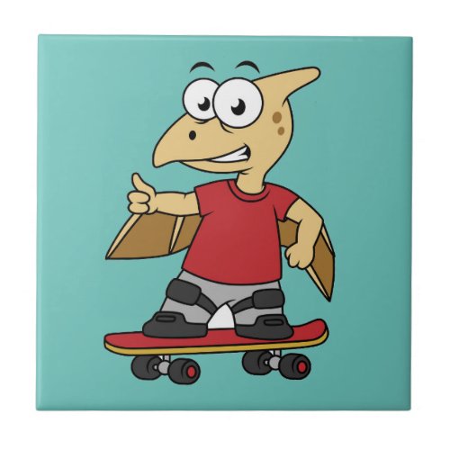 Illustration Of A Pterosaur Skateboarding Ceramic Tile