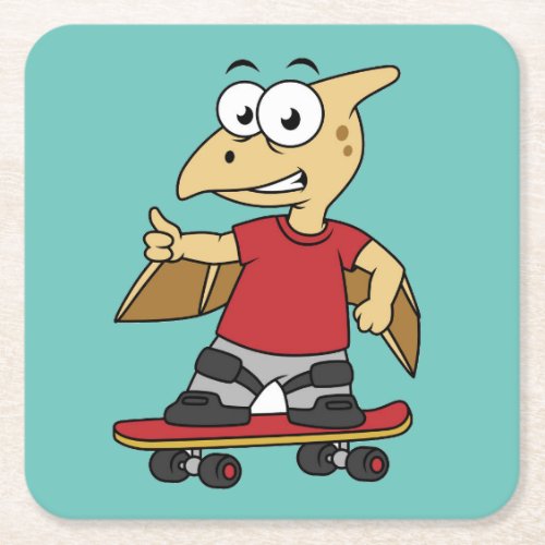 Illustration Of A Pterosaur Skateboarding Square Paper Coaster