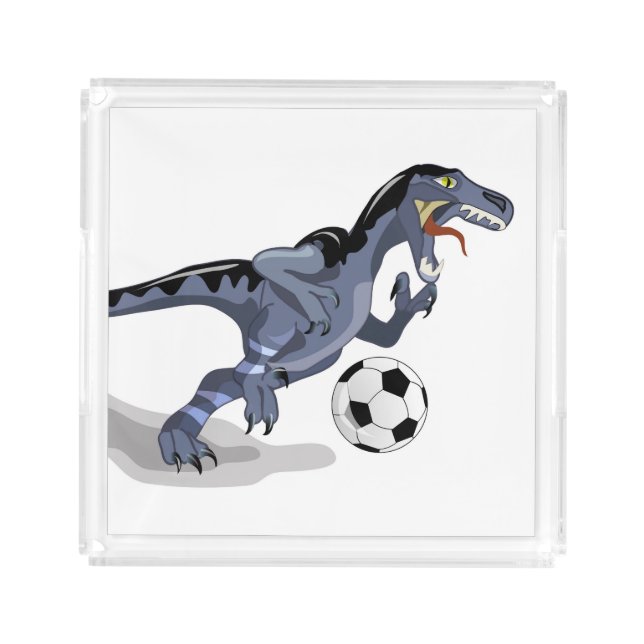 Illustration Of A Raptor Dinosaur Playing Soccer. Acrylic Tray (Front)