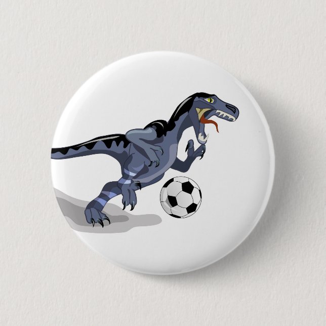 Illustration Of A Raptor Dinosaur Playing Soccer. Button (Front)