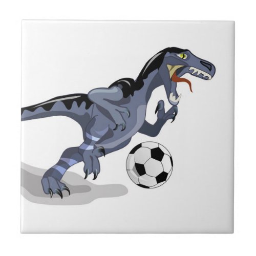 Illustration Of A Raptor Dinosaur Playing Soccer Ceramic Tile