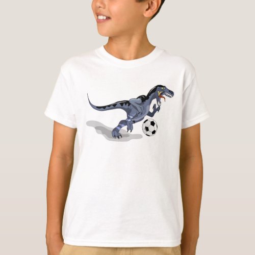 Illustration Of A Raptor Dinosaur Playing Soccer T_Shirt