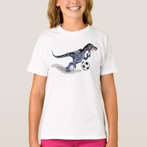 Illustration Of A Raptor Dinosaur Playing Soccer T_Shirt
