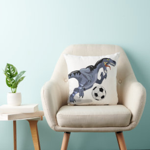 Illustration Of A Raptor Dinosaur Playing Soccer. Throw Pillow