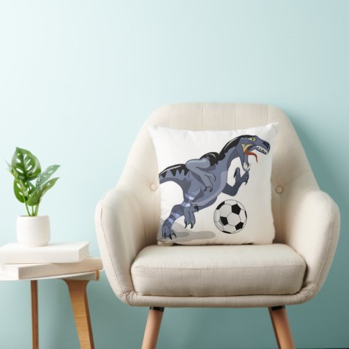 Illustration Of A Raptor Dinosaur Playing Soccer Throw Pillow
