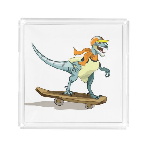 Illustration Of A Raptor Skateboarding Acrylic Tray