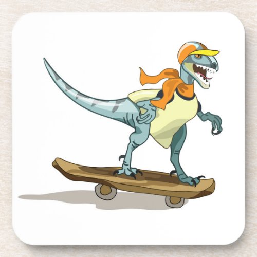 Illustration Of A Raptor Skateboarding Beverage Coaster