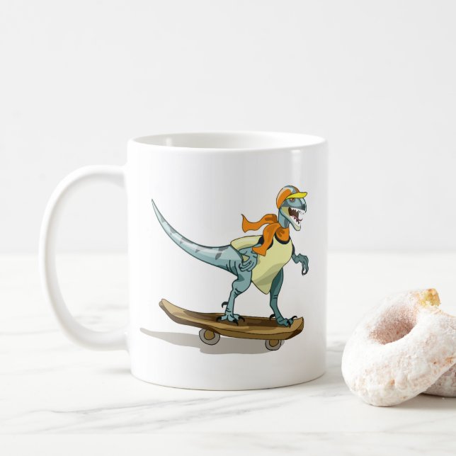 Illustration Of A Raptor Skateboarding. Coffee Mug (With Donut)