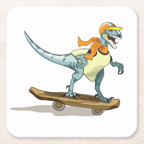 Illustration Of A Raptor Skateboarding Square Paper Coaster