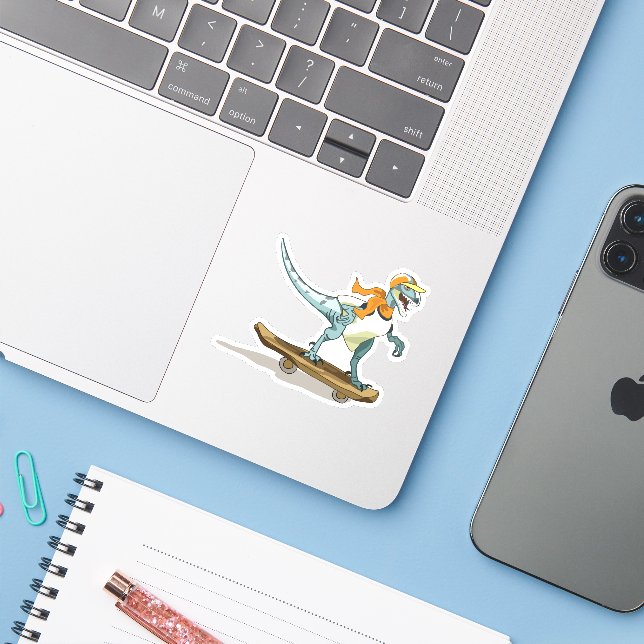 Illustration Of A Raptor Skateboarding. Sticker (Laptop w/ iPhone)