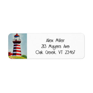 Illustration of a Red and White striped Lighthouse Label