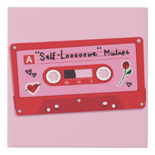 Illustration of a red plastic audio cassette tape, faux canvas print