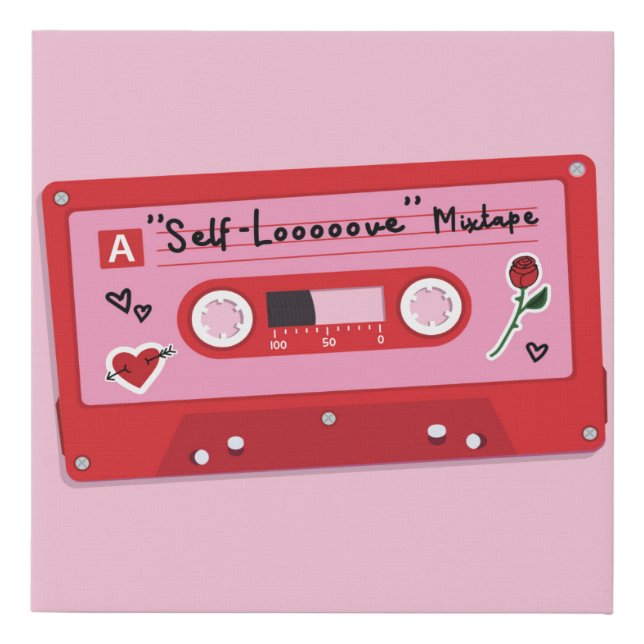Illustration of a red plastic audio cassette tape, faux canvas print (Front)