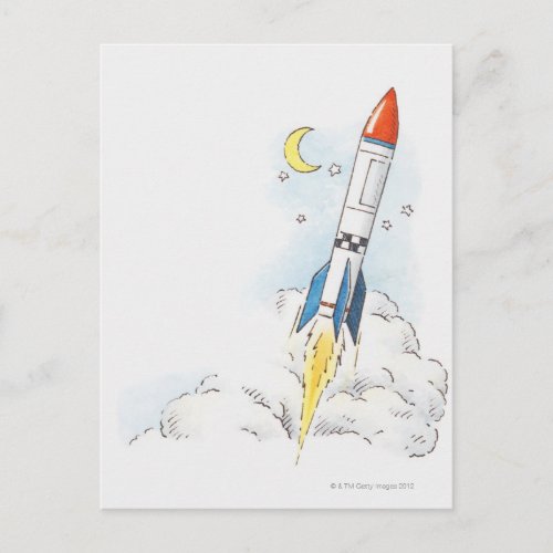 Illustration of a rocket taking off postcard