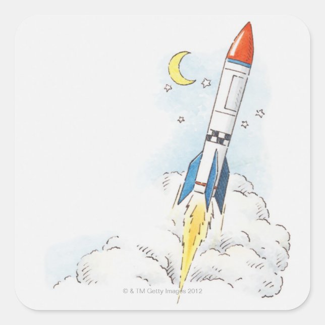 Illustration of a rocket taking off square sticker (Front)