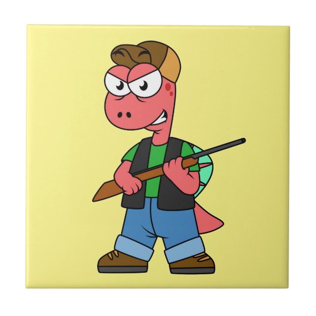 Illustration Of A Spinosaurus Hunter With Gun. Ceramic Tile (Front)