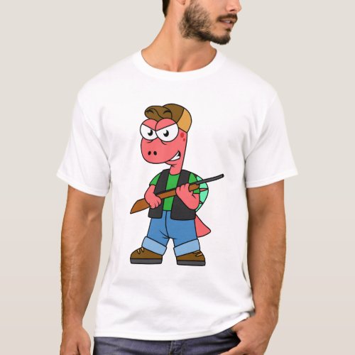 Illustration Of A Spinosaurus Hunter With Gun T_Shirt