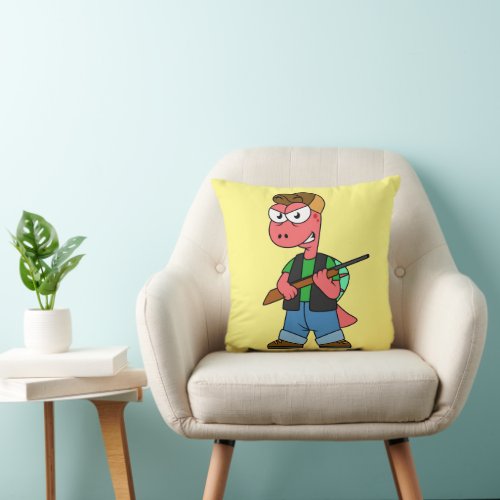 Illustration Of A Spinosaurus Hunter With Gun Throw Pillow