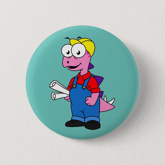 Illustration Of A Stegosaurus Construction Worker. Button (Front)