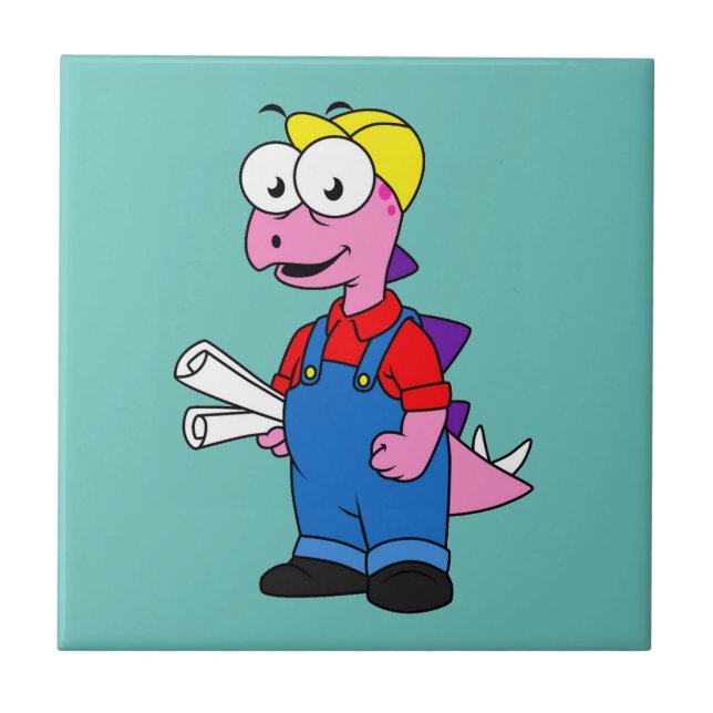 Illustration Of A Stegosaurus Construction Worker. Ceramic Tile (Front)