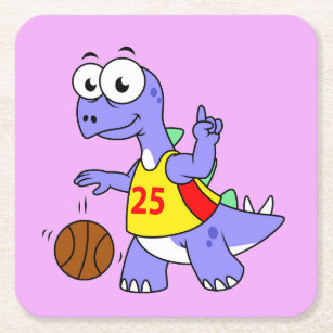 Illustration Of A Stegosaurus Playing Basketball. Square Paper Coaster