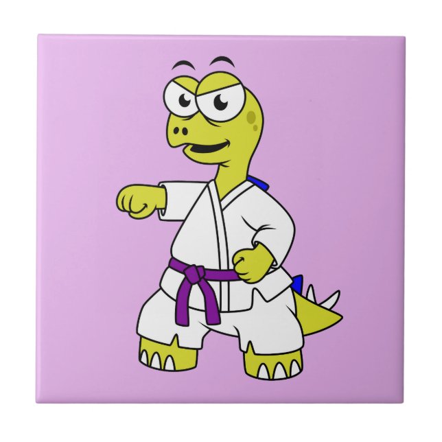 Illustration Of A Stegosaurus Practicing Karate. Ceramic Tile (Front)