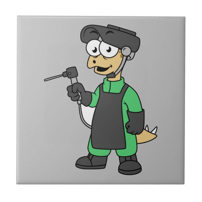 Illustration Of A Stegosaurus Welder. Ceramic Tile (Front)