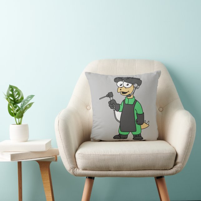 Illustration Of A Stegosaurus Welder. Throw Pillow (Chair)