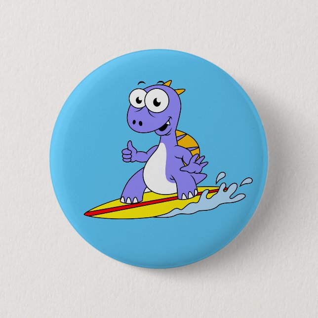 Illustration Of A Surfing Spinosaurus. Button (Front)