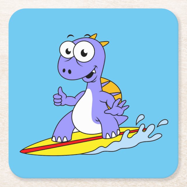 Illustration Of A Surfing Spinosaurus. Square Paper Coaster (Front)