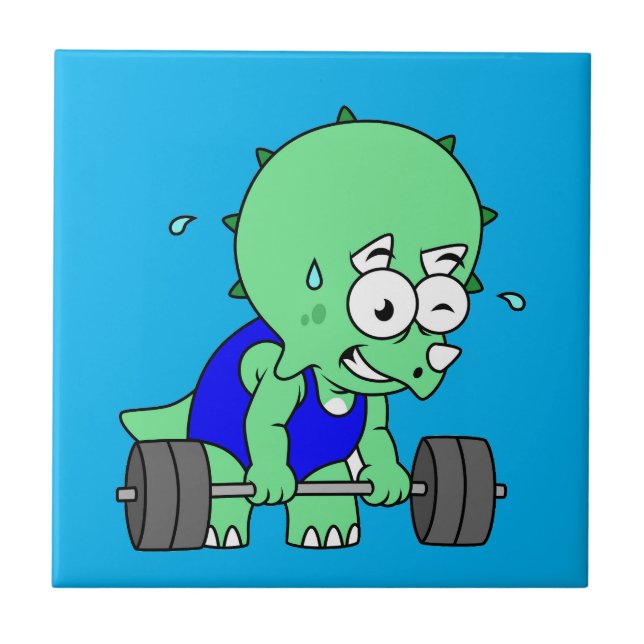 Illustration Of A Triceratops Lifting Weights. Ceramic Tile (Front)