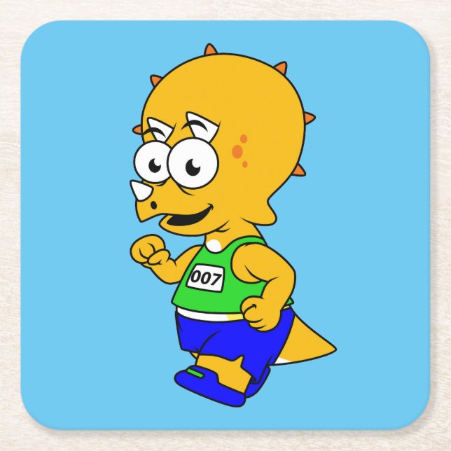 Illustration Of A Triceratops Runner. Square Paper Coaster (Front)