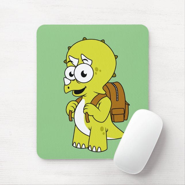 Illustration Of A Triceratops With Backpack. Mouse Pad (With Mouse)