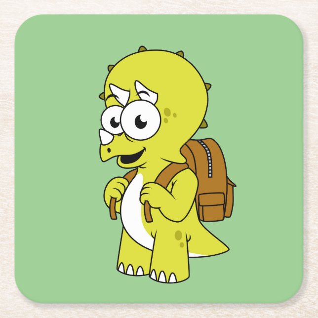 Illustration Of A Triceratops With Backpack. Square Paper Coaster (Front)