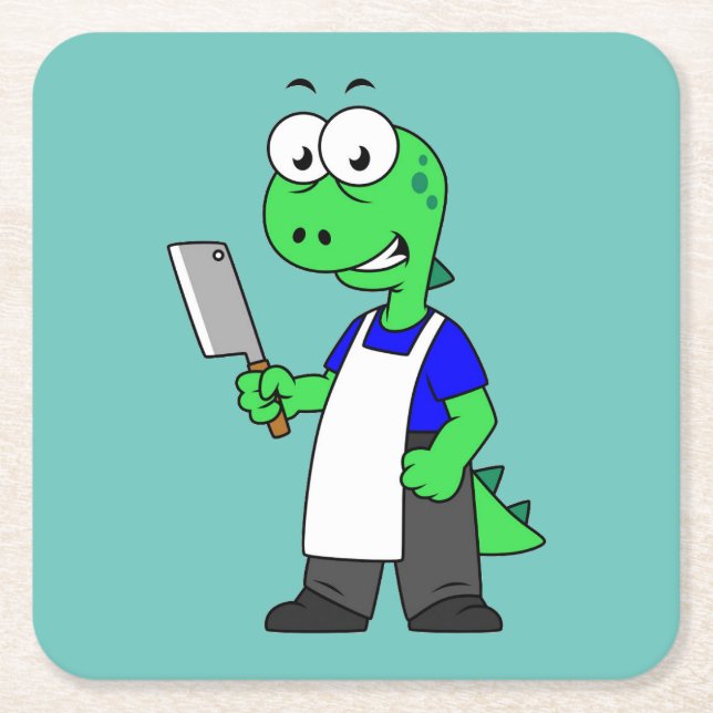 Illustration Of A Tyrannosaurus Rex Butcher. Square Paper Coaster (Front)