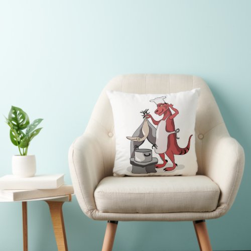 Illustration Of A Tyrannosaurus Rex Chef Cooking Throw Pillow
