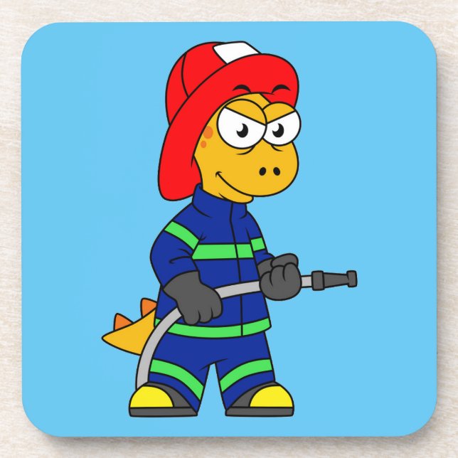 Illustration Of A Tyrannosaurus Rex Firefighter. Beverage Coaster (Front)