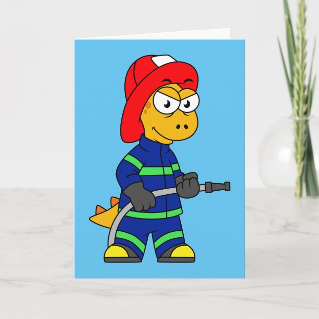 Illustration Of A Tyrannosaurus Rex Firefighter. Card (Front)