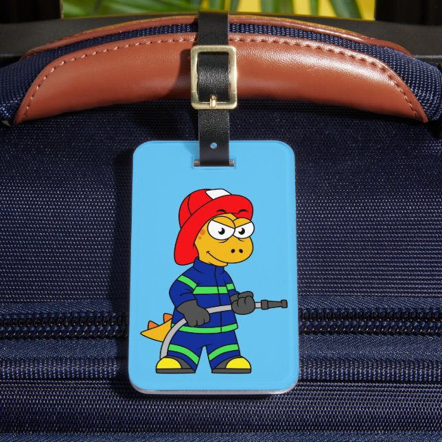 Illustration Of A Tyrannosaurus Rex Firefighter. Luggage Tag (Front Insitu 2)