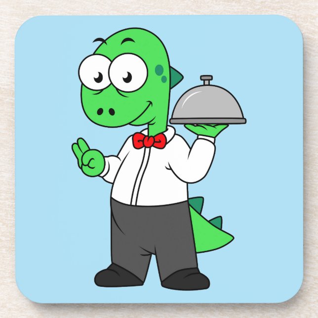 Illustration Of A Tyrannosaurus Rex Food Waiter. Beverage Coaster (Front)