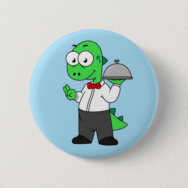 Illustration Of A Tyrannosaurus Rex Food Waiter. Button (Front)