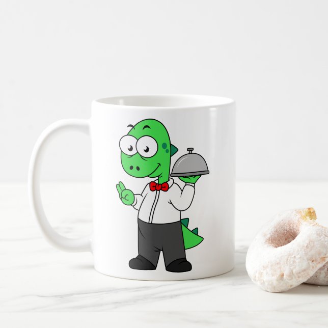 Illustration Of A Tyrannosaurus Rex Food Waiter. Coffee Mug (With Donut)
