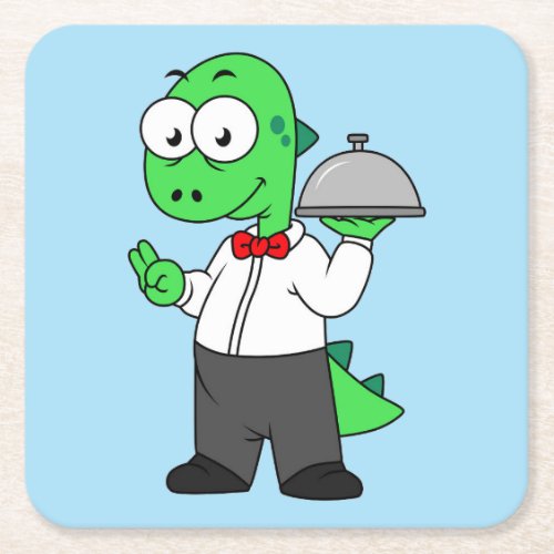 Illustration Of A Tyrannosaurus Rex Food Waiter Square Paper Coaster