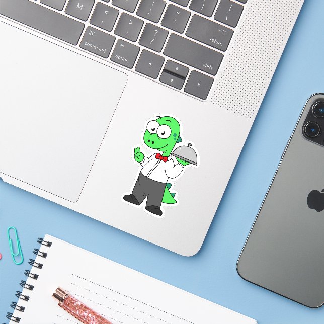 Illustration Of A Tyrannosaurus Rex Food Waiter. Sticker (Laptop w/ iPhone)